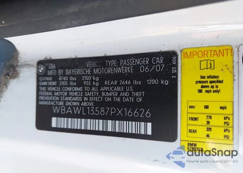 2007 BMW 328I z USA, uszkodzony, nr VIN WBAWL13587PX16626